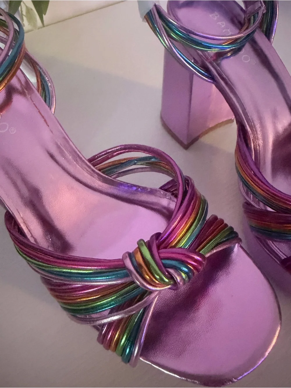 BAMBOO Metallic Pink Platform Sandals with Rainbow Straps